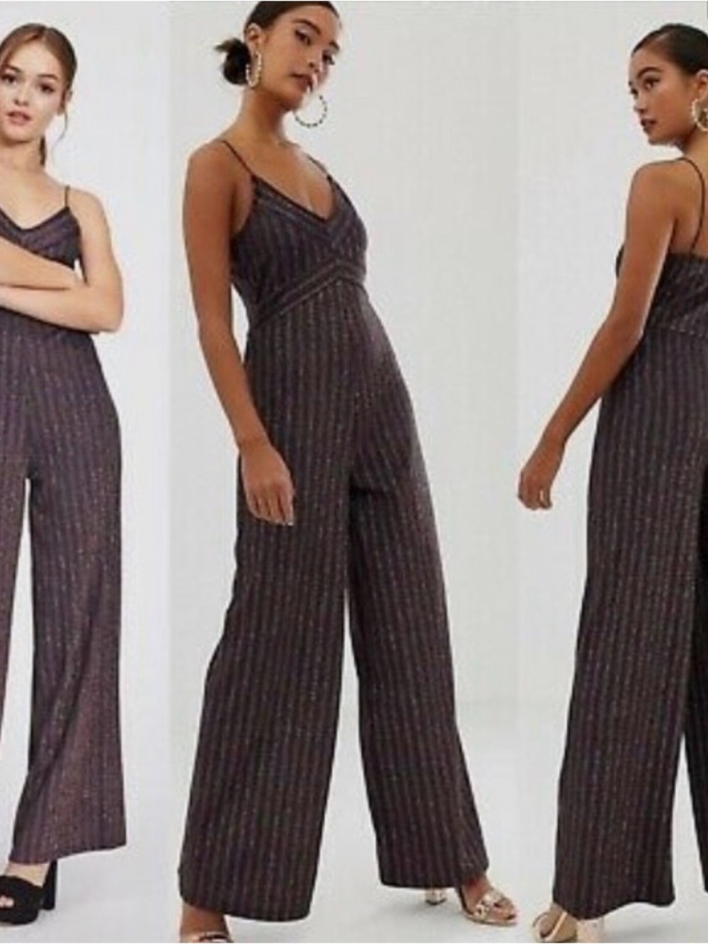 Vintage Metallic-Stripe Wide-Leg Spaghetti-Strap Jumpsuit‎ Size 6 Retro